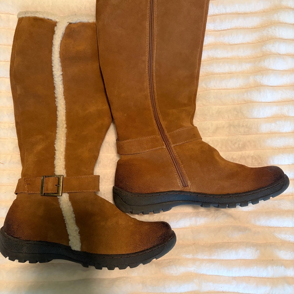 Women's Brown Suede Knee-High Winter Boots with Shearling Trim